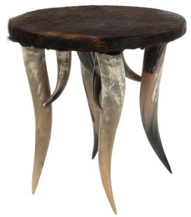 Steer Horn and Cowhide Side Table: Steer horn and cowhide side table, in the style of early San Antonio makers such as Wenzel Friedrich and Charles Puppe, constructed of 8 varying size steer horns, with a brown cowhide table top  heigh