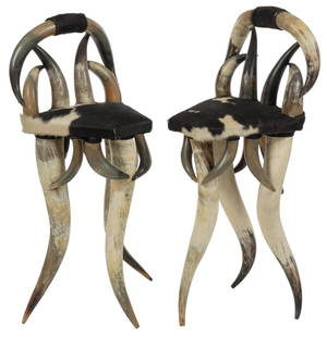 Steer horn Stools: Pair of ranch style stools, composed of arranged steer horns, and hide, supported on tripod legs, in the style of early San Antonio furniture makers, such as Wenzel Friedrich and Charles Puppe  height