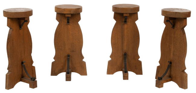 (4) Set of Four Rustic Wooden and Wrought Iron Bar Stools: Set of four rustic wooden and wrought iron bar stools,circular seats, scrolled accents 31.5" tall x 16.5" diameter Provenance: Property from the estate of long-time San Antonio, Texas antiqu