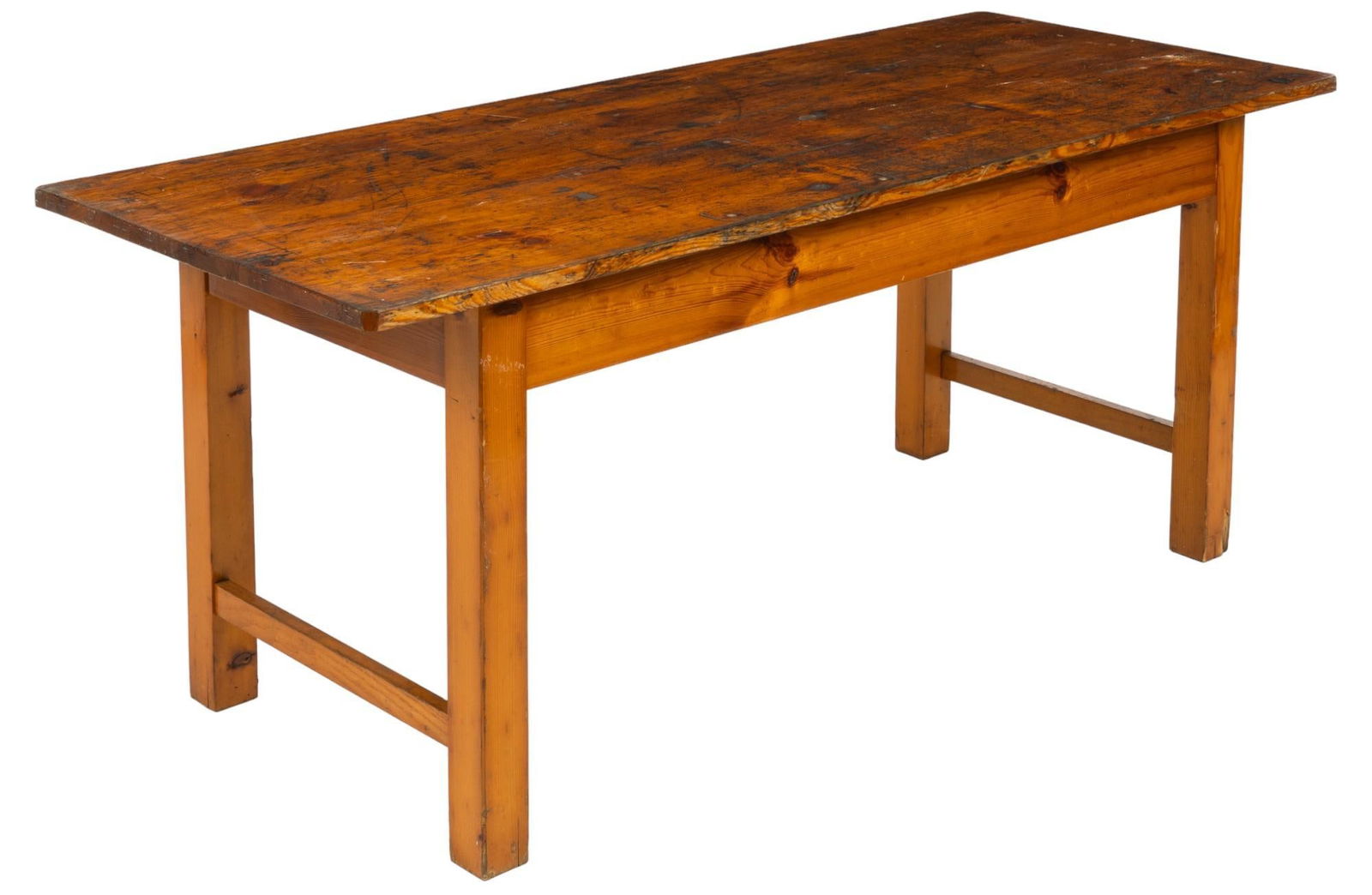 Work Table: Work table featuring oversize top supported on block legs, with stretcher height 30 in. x width 76 in. x depth 31 in. Shipping available for this lot through our partner 4CL; please request a shippi