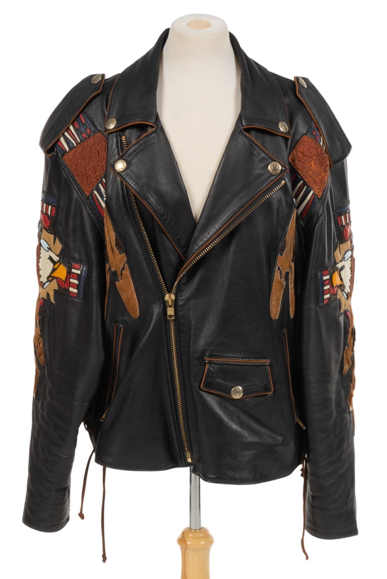 Volcano Brand Black Leather Bomber Jacket with Native American Inlay (1 of 15)