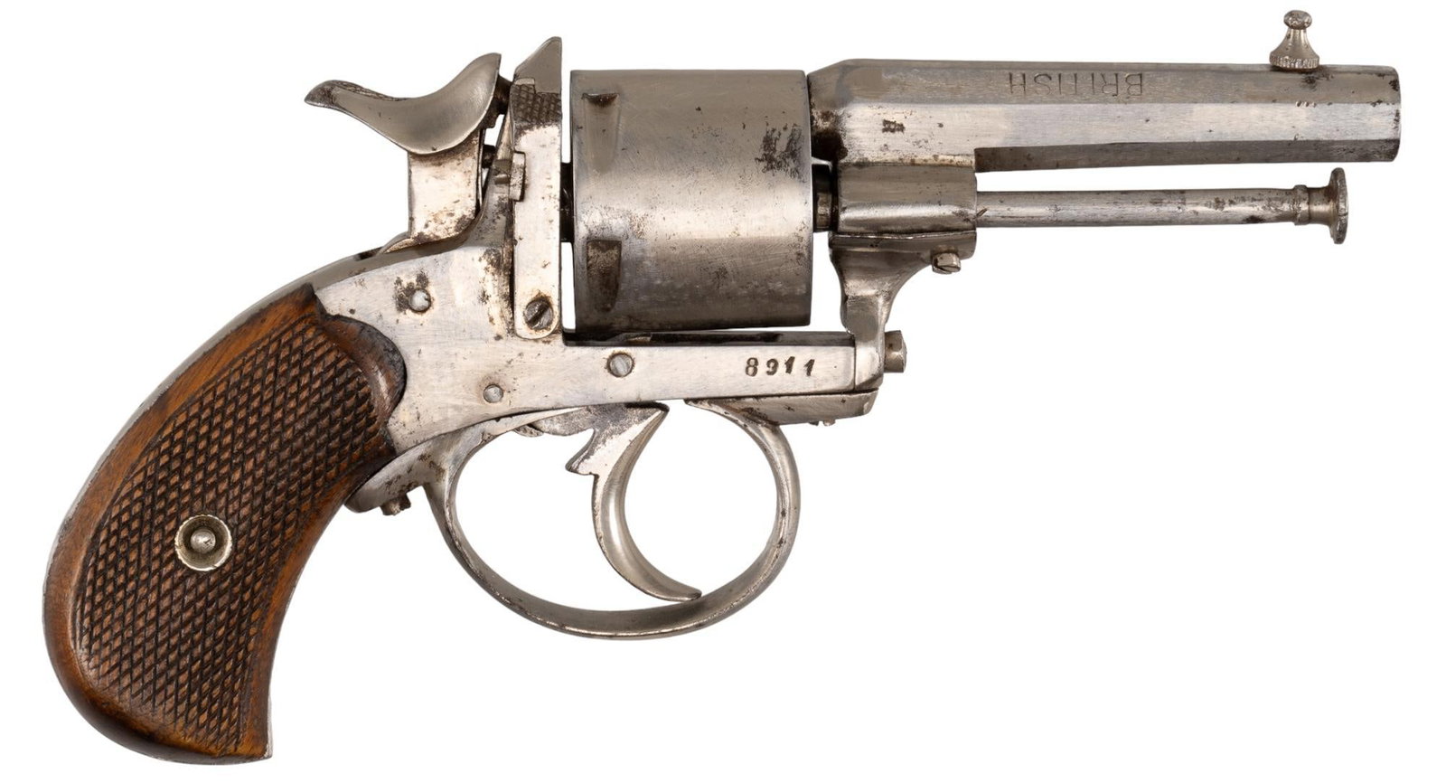 Antique Belgian British Bulldog 38 Cal. Revolver: Serial: 8911 Manufacturer: Belgium Model: British Bulldog Caliber: 38 Cal. Barrel length: 3 in. OAL: 7 in. Condition: Poor; wood grips have moderate wear; barrel, frame & cylinder have been heavil