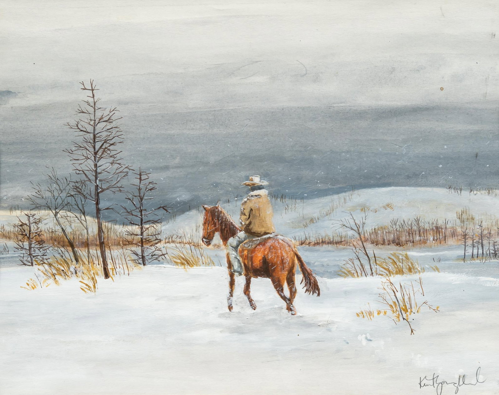 Kurt Youngblood, Cowboy in Snow: Kurt Youngblood, cowboy in snowy landscape, gouache sight: 12 x 16 in., frame: 20.5 x 23.5 in. Provenance: Property from the estate of a Helotes, Texas lady Shipping available for this lot through our