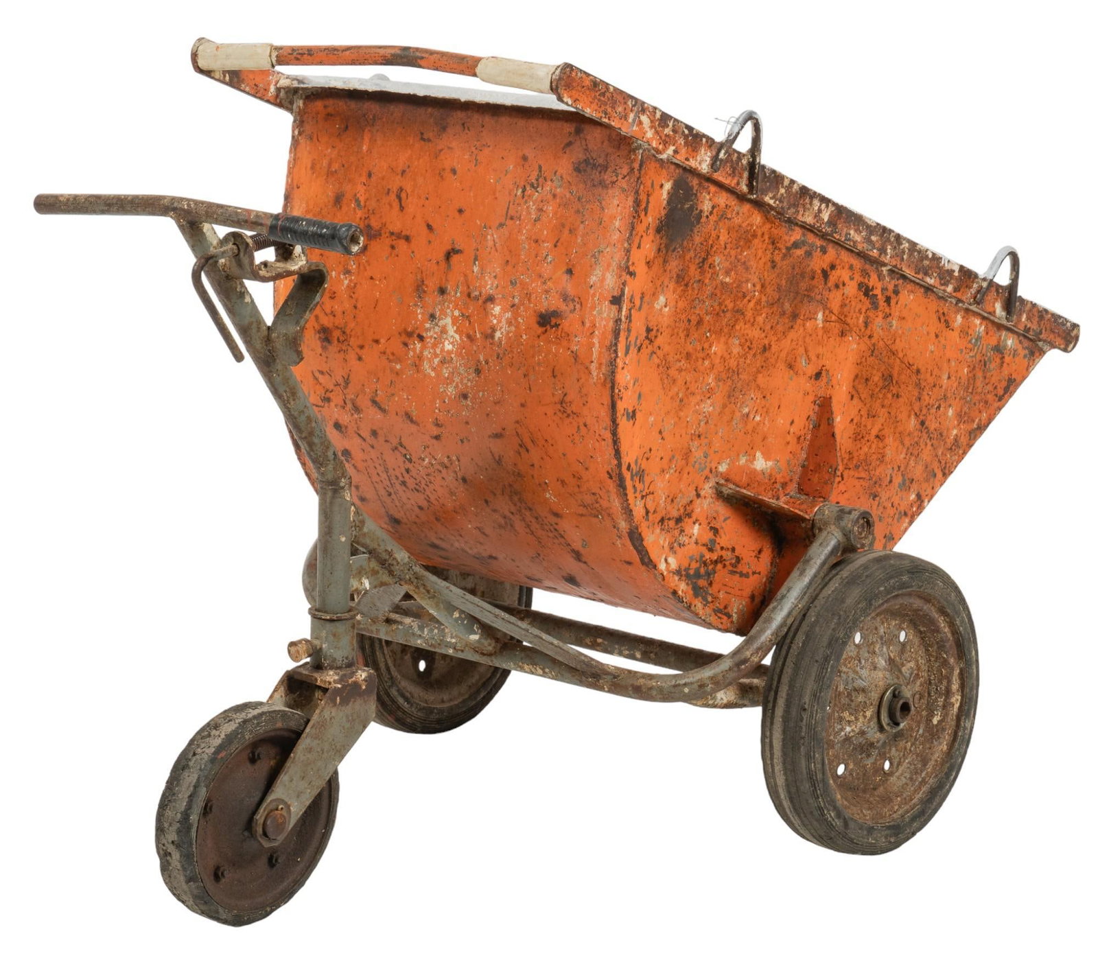 Industrial Metal Wheelbarrow: Industrial metal wheelbarrow, three wheels, white painted interior, orange painted exterior height 37 in. x width 29.5 in. x depth 50 in. Shipping available for this lot through our partner 4CL; pleas