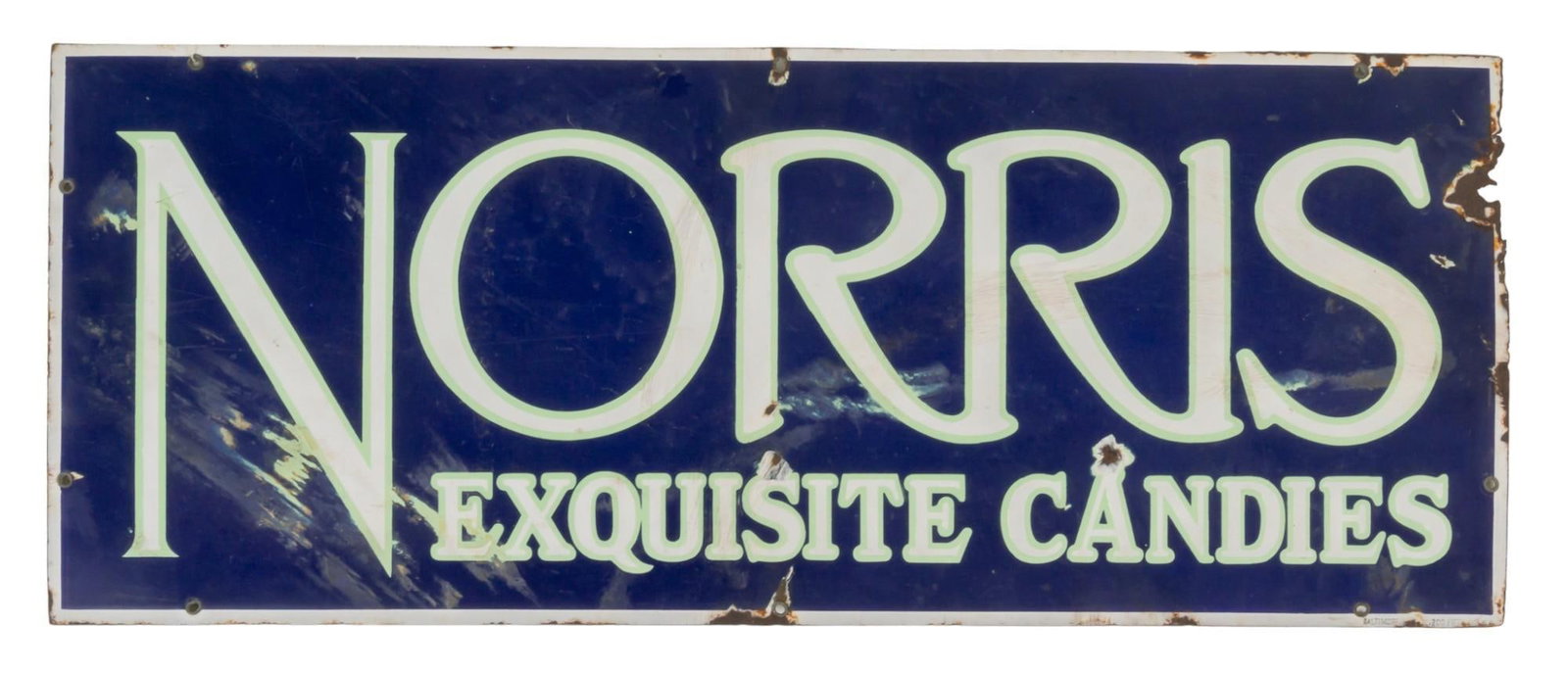 Vintage Porcelain Norris Candies Sign: Vintage metal sight for Norris Exquisite Candies, featuring enamel coating, with white stylized lettering on blue field height 12 in. x width 30 in. Provenance: Property from the personal collection o