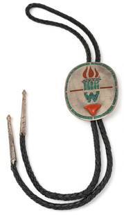 Western Bolo Tie: Western bolo tie with large ornamental slide, ornamental slide has blue and red stone geometric details, braided leather cord, decorative metal aiguillettes Condition: Chip in triangular orange stone