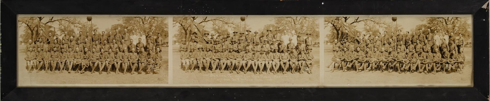Framed Service Co. 144th Infantry Camp Group Photos: Set of three group vintage black and white photos for the Service Co. 144th Infantry Camp, dated 1925, framed height 10.5 in. x width 50.5 in. x depth 1 in. Provenance: Property from the personal coll