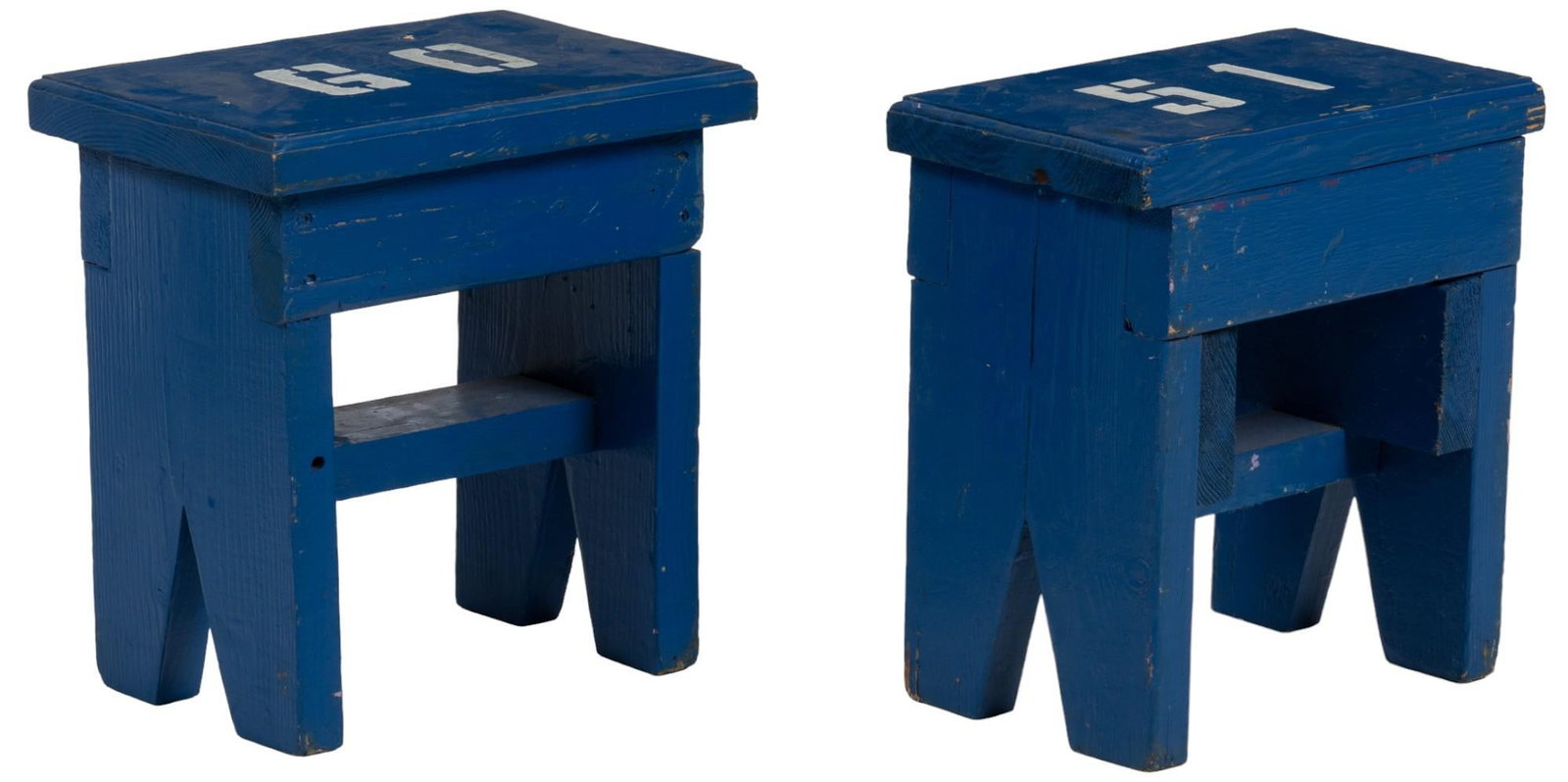 (2) Wooden Athletic Stools: Pair of painted wooden athletic stools, royal blue paint with white painted numbers "51" and "60" on seat height 16.5 in. x width 16 in. x depth 11 in. Provenance: Property from the co