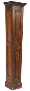 Tall Case Cabinet: Tall case wooden cabinet with tapering design, includes cabinet door with carved details, opening to shelved interior storage height 79 in. x width 18 in. x depth 13.5 in. Shipping available for thi