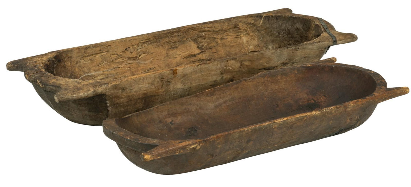 (2) Wood Dough Bowls: Two wood carved dough bowls height 10 in. x width 61 in. x depth 23 in. We happily provide seamless shipping services on everything we sell. Please email us at shipping@vogtauction.com or call 210