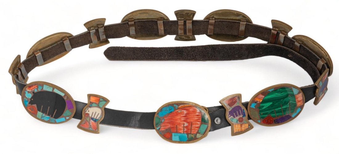 Leather Belt with Bear Motif Charms: Leather belt with bear motif charms, bear charms are composed of mixed stone inlay, has detachable belt buckle, each charm can slide off leather belt, unmarkedProvenance: Estate property from a San An