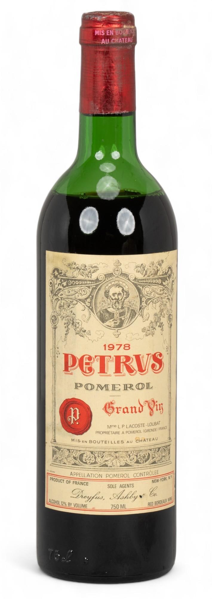Unopened 1978 Petrus Pomerol Wine: Unopened rare, and desirable 750ml bottle of 1978 Petrus Pomerol Grand Vin red wine height 12 in. x width 3 in. x depth 3 in. Provenance: Property from the estate of a San Antonio, Texas lady Shipp
