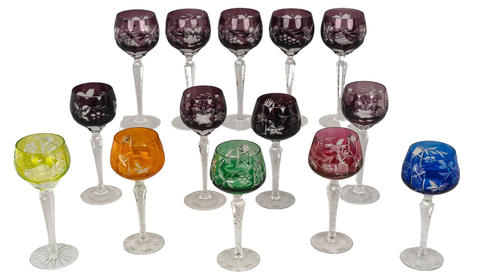 (14) Rhein Colored Wine Glasses: 14 Rhein colored wine glasses, assorted colors, vining grape motif, with cut stem and footed base, 14 pieces Height: 8.5 in Condition: Blue glass has hole Provenance: Property from the collection of a