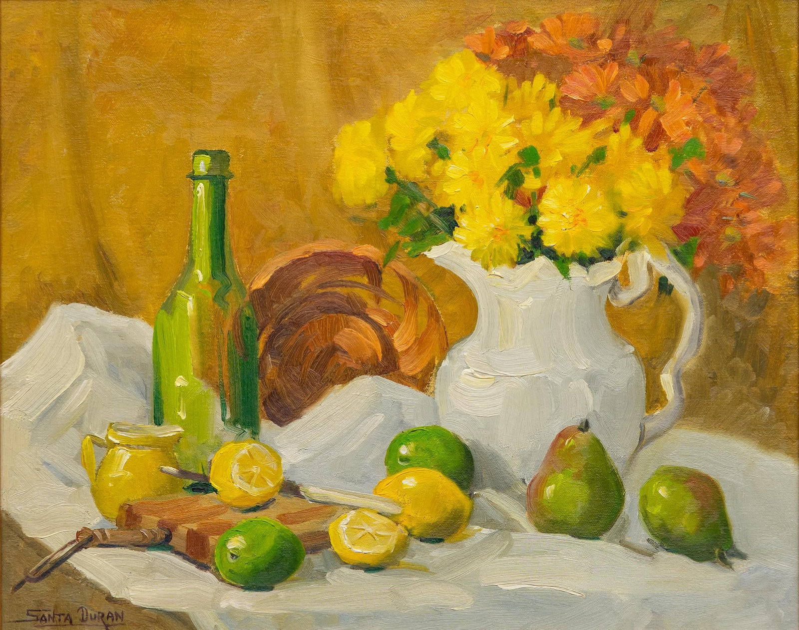 Santa Duran, Citrus Still Life: Santa Duran (Texas / Mexico, 1909-2002), still life with limes, lemons, pears, and blooms, oil on canvas sight: 16 x 20 in., frame: 24.5 x 27.5 Provenance: Property from a historic home in the Jeffers