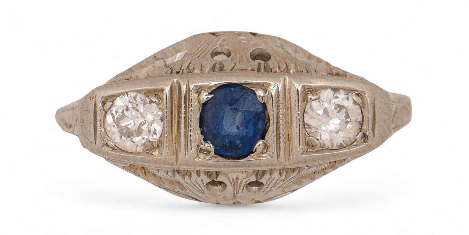 Art Deco Sapphire Diamond 18K Gold Filigree Ring (1 of 4)