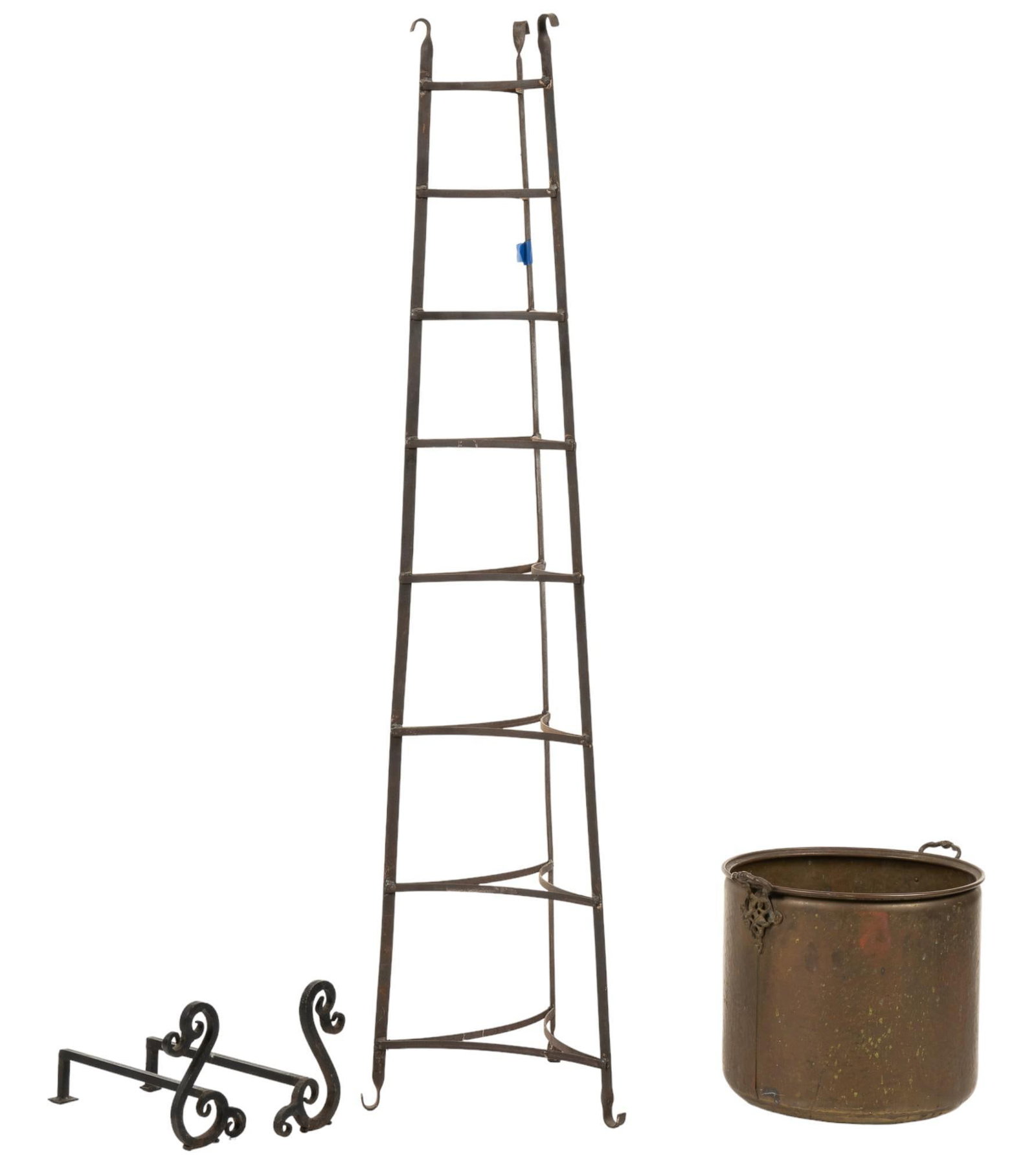 Collection of Metal Home Accents: Collection of metal home accents, includes rack, cauldron, and pair of andirons height 68 in. x width 17 in. x depth 17 in. / rack Shipping available for this lot through our partner 4CL; please reque