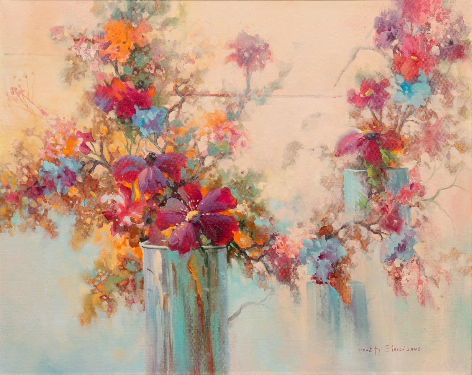 Loveta Strickland, Floral Compostion: Loveta Strickland (Texas, 20th/21st C.), floral composition, oil on canvas sight: 24 x 30 in. Provenance: Property from the personal home collection of Bob Mooney, a San Antonio, Texas art dealer and 