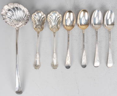 Antique English Sterling Silver Flatware: Collection of antique English sterling silver flatware, includes Dublin 1796 Michael Keating ladle, two 1782 Hester Bateman spoons, and other sterling spoons  Total weight: 16.0 ozt  Ladle length: 13