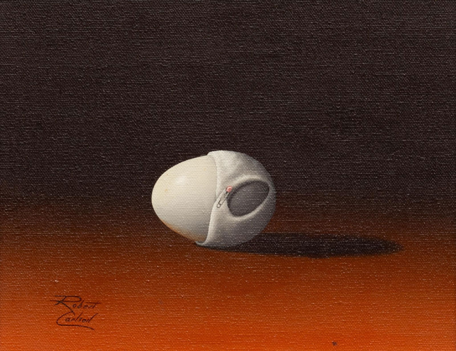 Robert Carlson, "Pampered Egg": Robert Carlson (Texas, 20th century), "Pampered Egg", oil on canvas sight: 7.5 x 9.5 in., frame: 13 x 15 in. Provenance: purchased by the owner from an El Paso, Texas gallery Shipping avail
