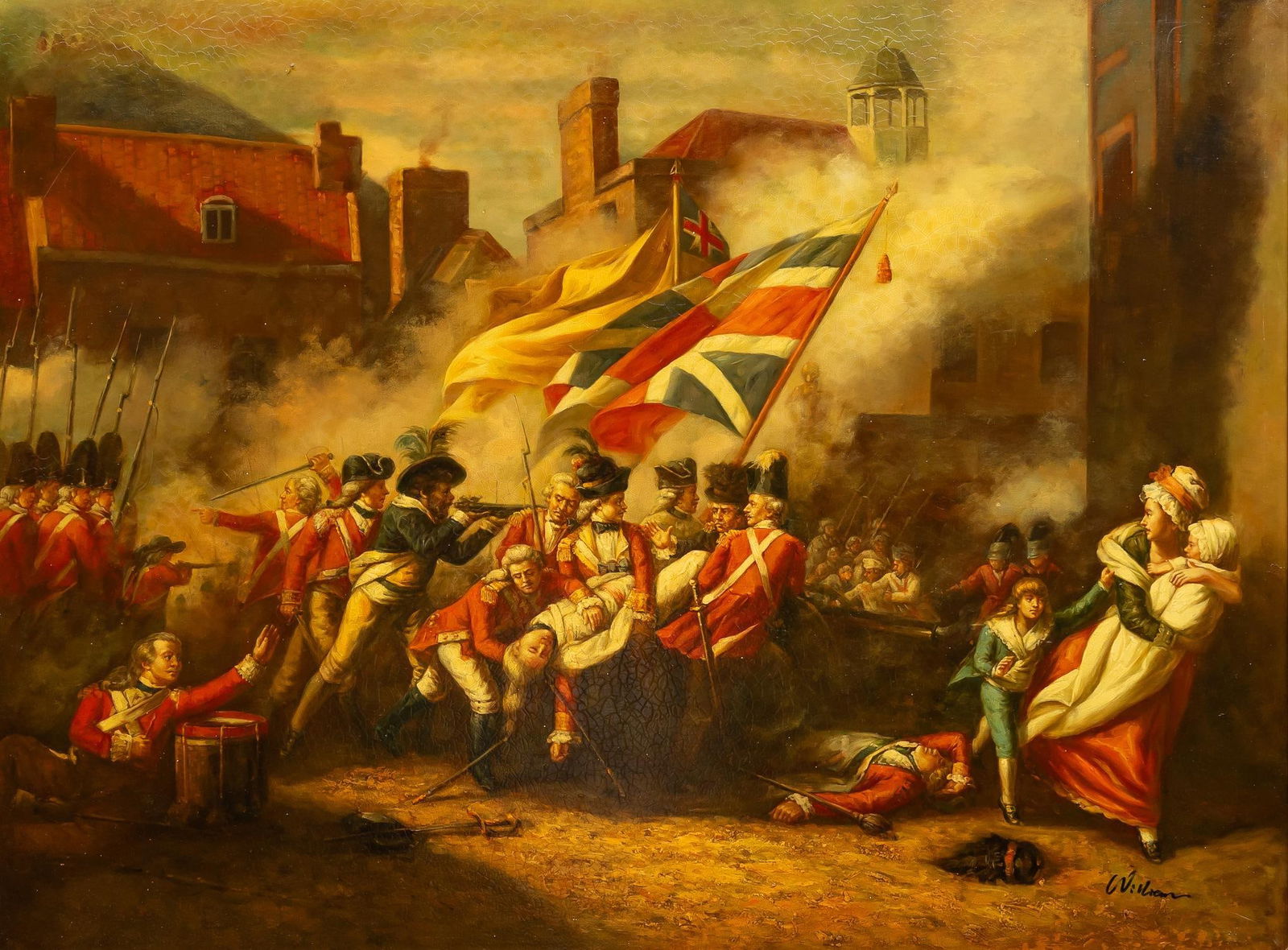Signed Williams, "The Death of Major Peirson": Signed Williams, "The Death of Major Peirson", decorative painting inspired by the 1781 original by John Singleton Copley, oil on canvas sight: 36 x 48 in., frame: 45 x 57 in. Provenance: Pr
