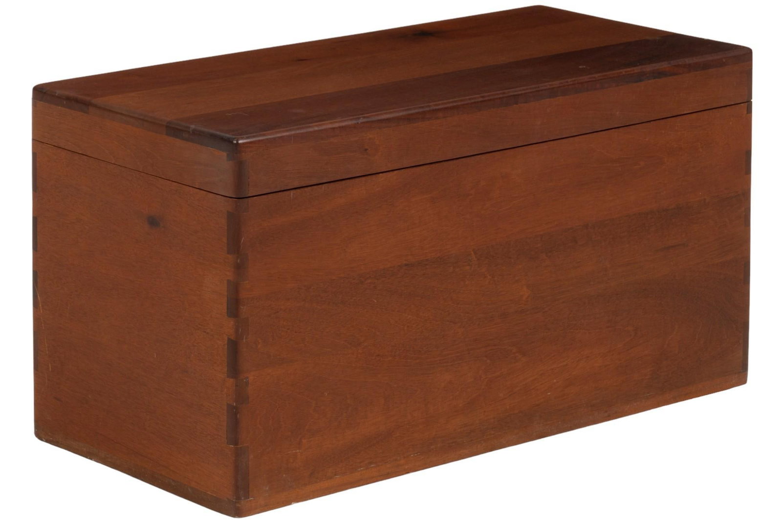 Wooden Chest: Wooden chest with natural finish, hinged lid that opens to interior storage, with dovetail joinery height 18 in. x width 34 in. x depth 16 in. Provenance: Property from the historic King William Anton