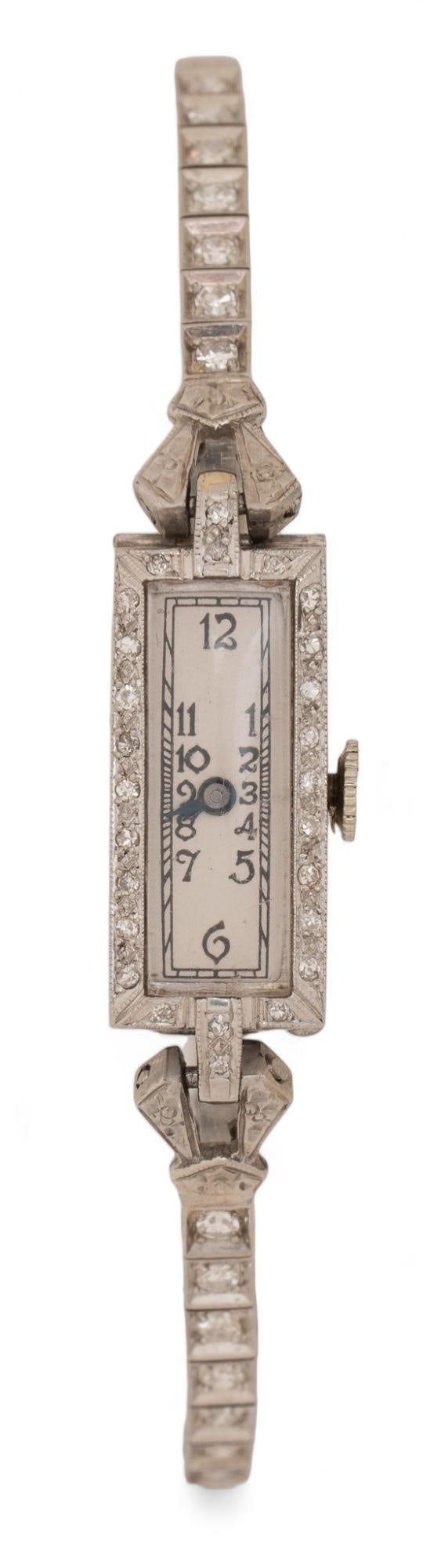 Art Deco Platinum Diamond Watch 14K Gold Band (1 of 6)