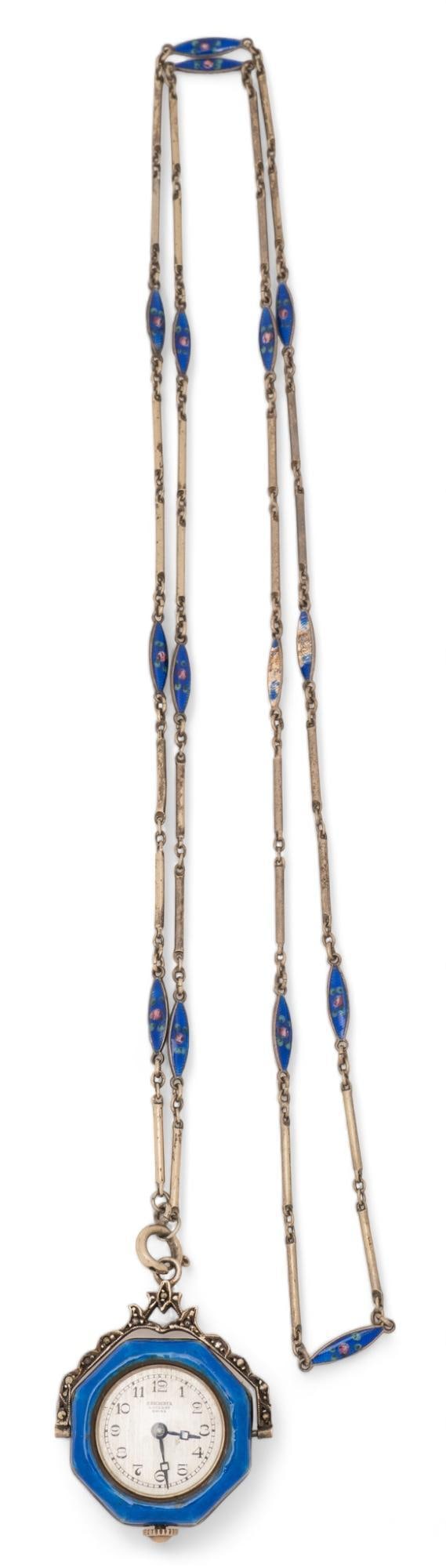 Bucherer Swiss Sterling Silver Enamel Watch and Chain: Bucherer Swiss sterling silver enamel watch and chain, pattern of sterling silver beads and blue enamel beads, pendant watch on swivel, blue and floral enamel on back of watch face, c. 1930. marked &#