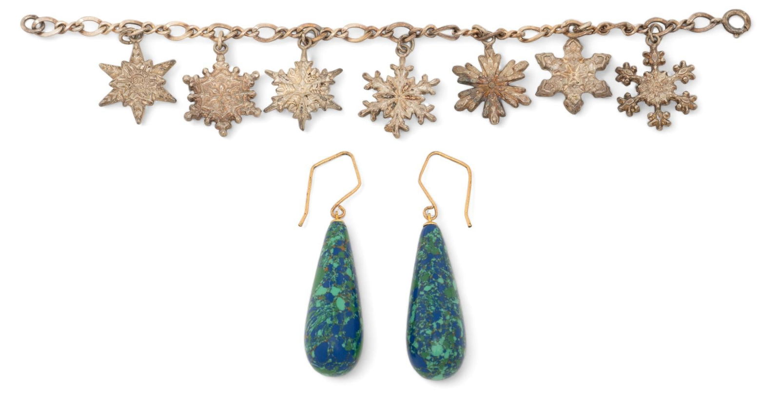 Gorham Sterling Snowflake Bracelet and Campo Marzio earrings: Gorham sterling snowflake bracelet and Campo Marzio earrings, charm style bracelet with six snowflake charms, spring ring clasp, marked "1973 sterling", Campo Marzio dangle earrings with green