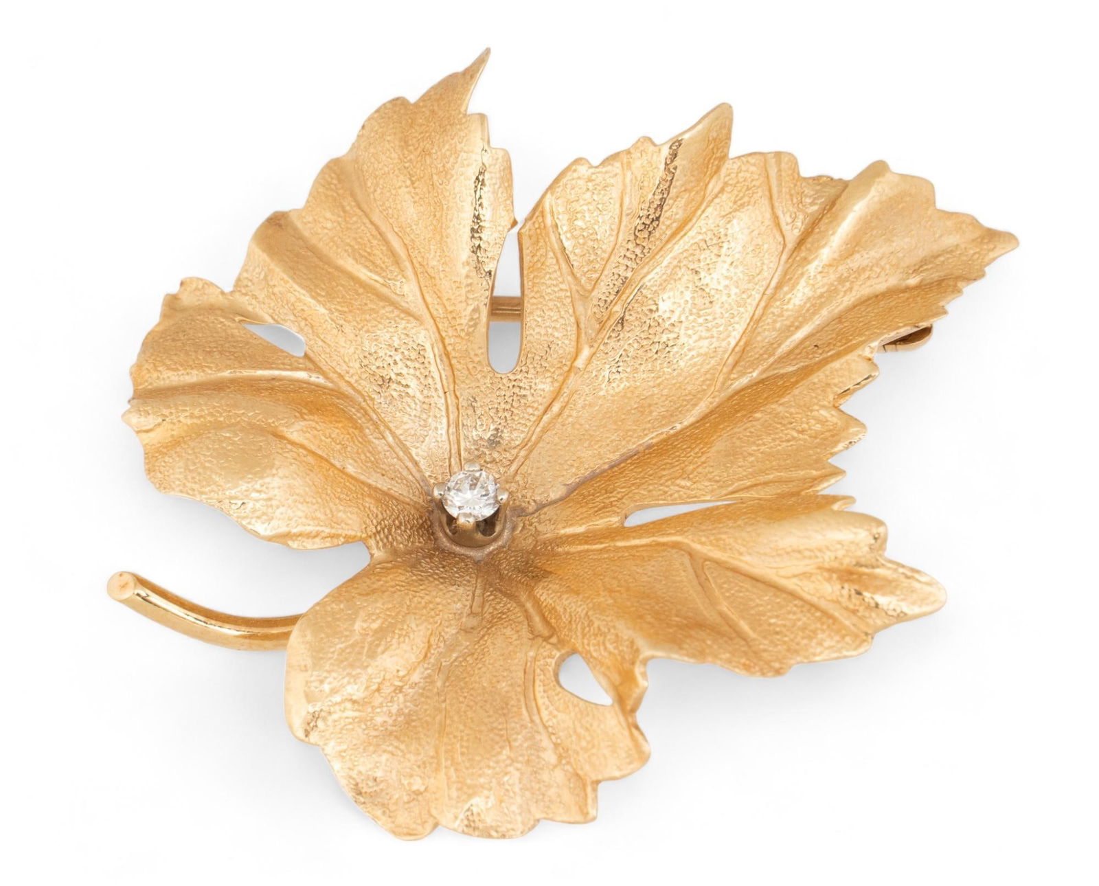 14K Gold Leaf Shaped Brooch with Central Diamond (1 of 5)