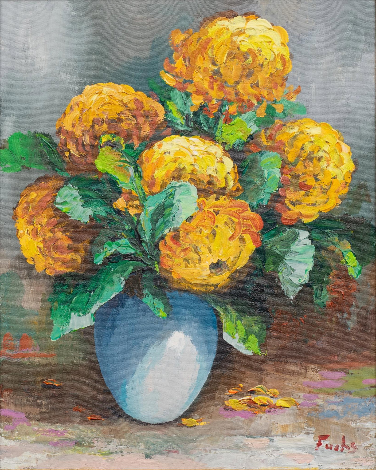 Signed Fuchs, Marigolds: Signed Fuchs, still life with marigolds, oil on canvas sight: 20 x 16 in., frame: 26.5 x 22.5 in. Provenance: Property from the personal home collection of Bob Mooney, a San Antonio, Texas art dealer 
