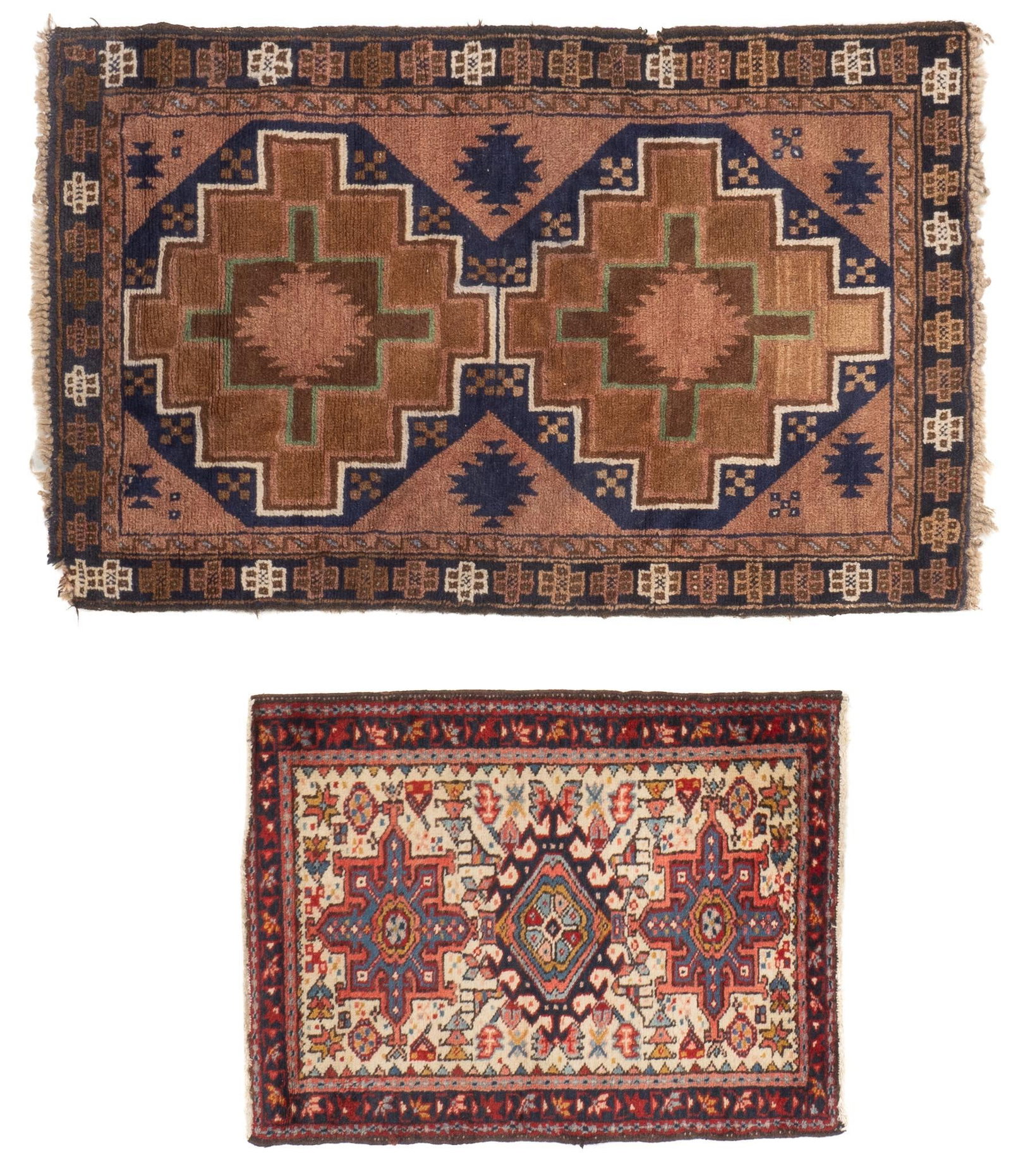 (2) Estate Rugs, 4 ft. 2 in. x 2 ft. 6 in.: Two estate rugs 4 ft. 2 in. x 2 ft. 6 in. / largest Shipping available for this lot through our partner 4CL; please request a shipping quote at shipping@vogtauction.com or 210-971-5750. You may al