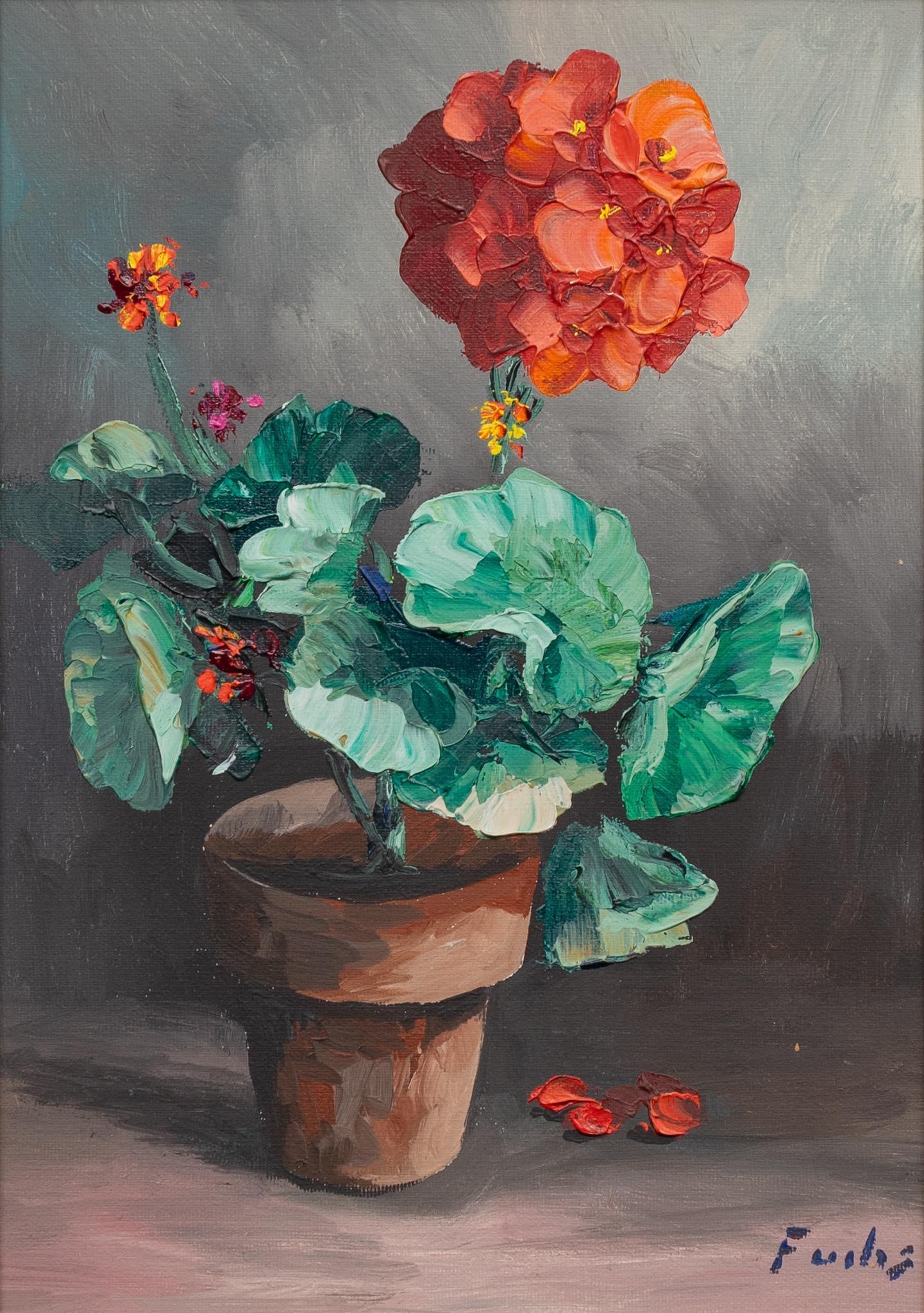 Signed Fuchs, Red Geranium: Signed Fuchs, still life with red geraniums, oil on canvas sight 13 x 9 in., frame: 22 x 18 in. Provenance: Property from the personal home collection of Bob Mooney, a San Antonio, Texas art dealer an