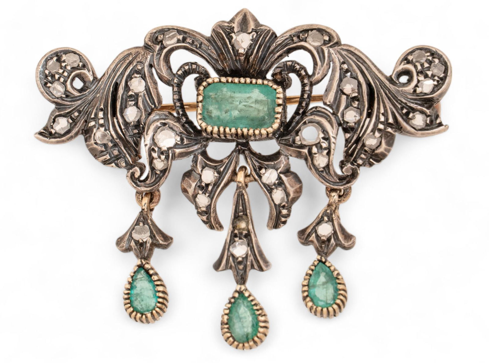 c.1860 Rose Diamond and Emerald 14K Sterling Silver Brooch (1 of 4)