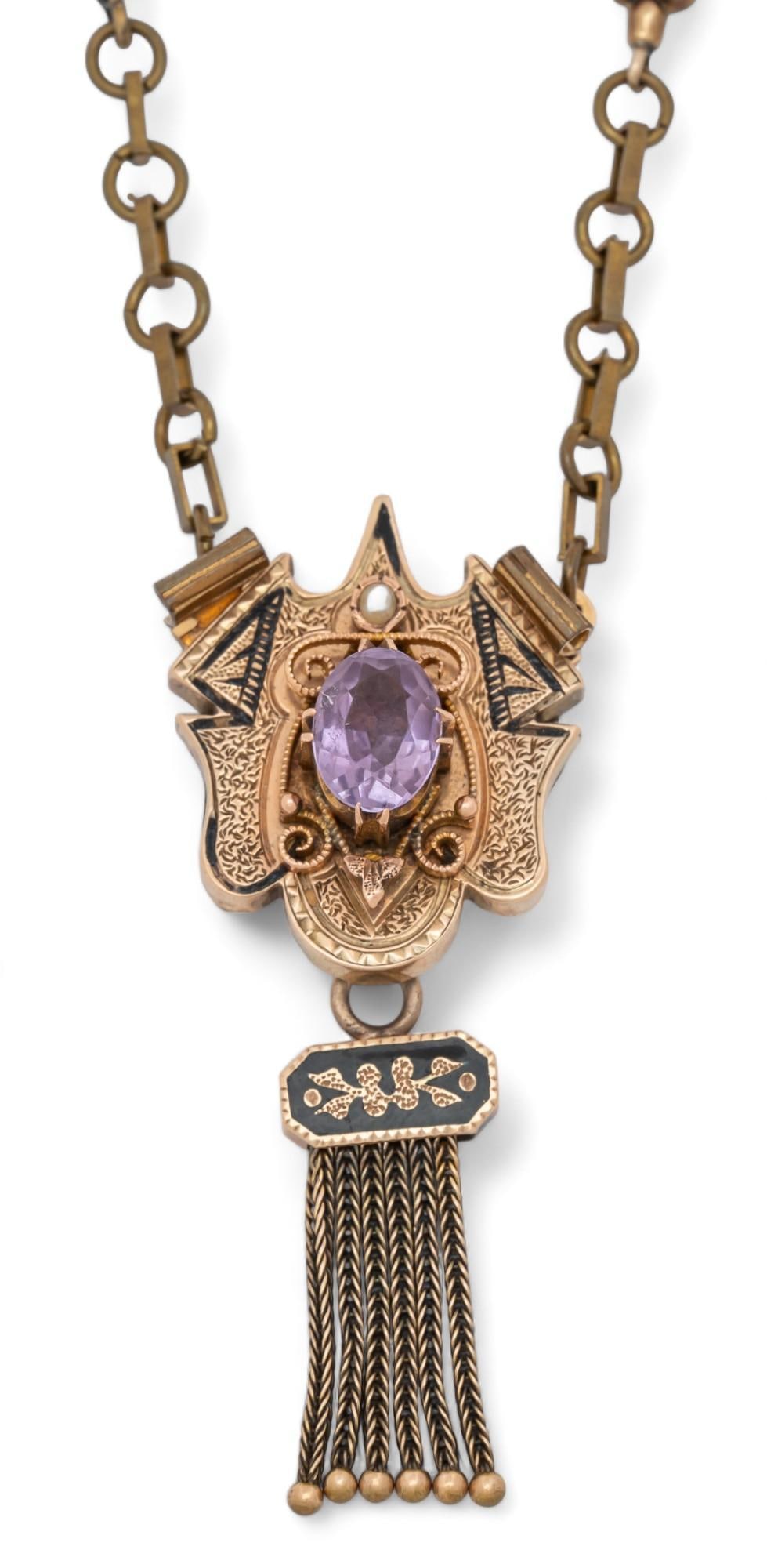 Victorian 9KT Book Chain Necklace with Amethyst Tassel Pendant (1 of 7)