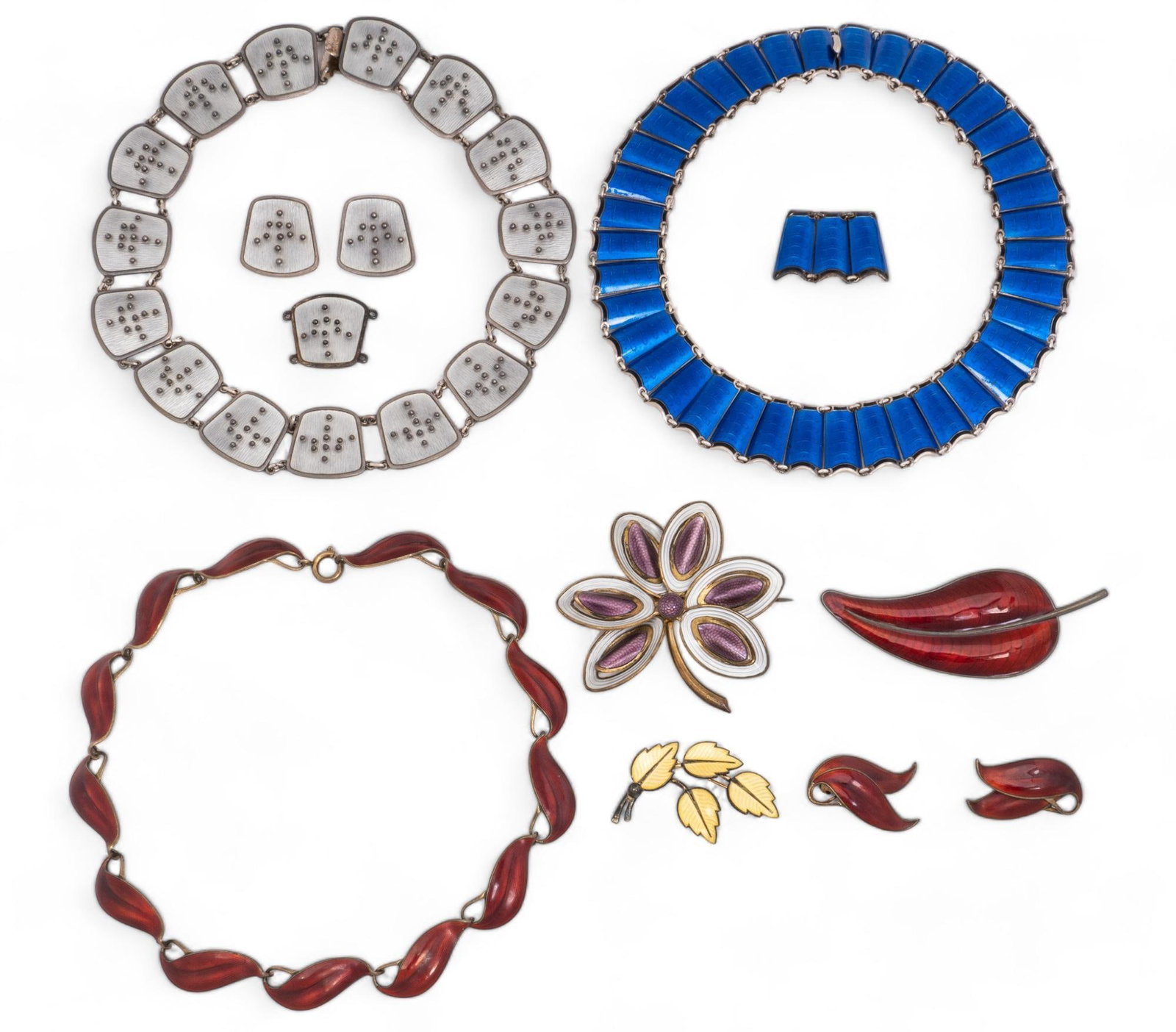 Collection of Scandinavian Sterling Silver and Enamel Jewelry: Collection of Scandinavian sterling silver and enamel jewelry, nine pieces, includes two necklaces, three brooches, two earring pairs, from makers Knut Andreas Rasmussen and Einar Modahl, all marked w