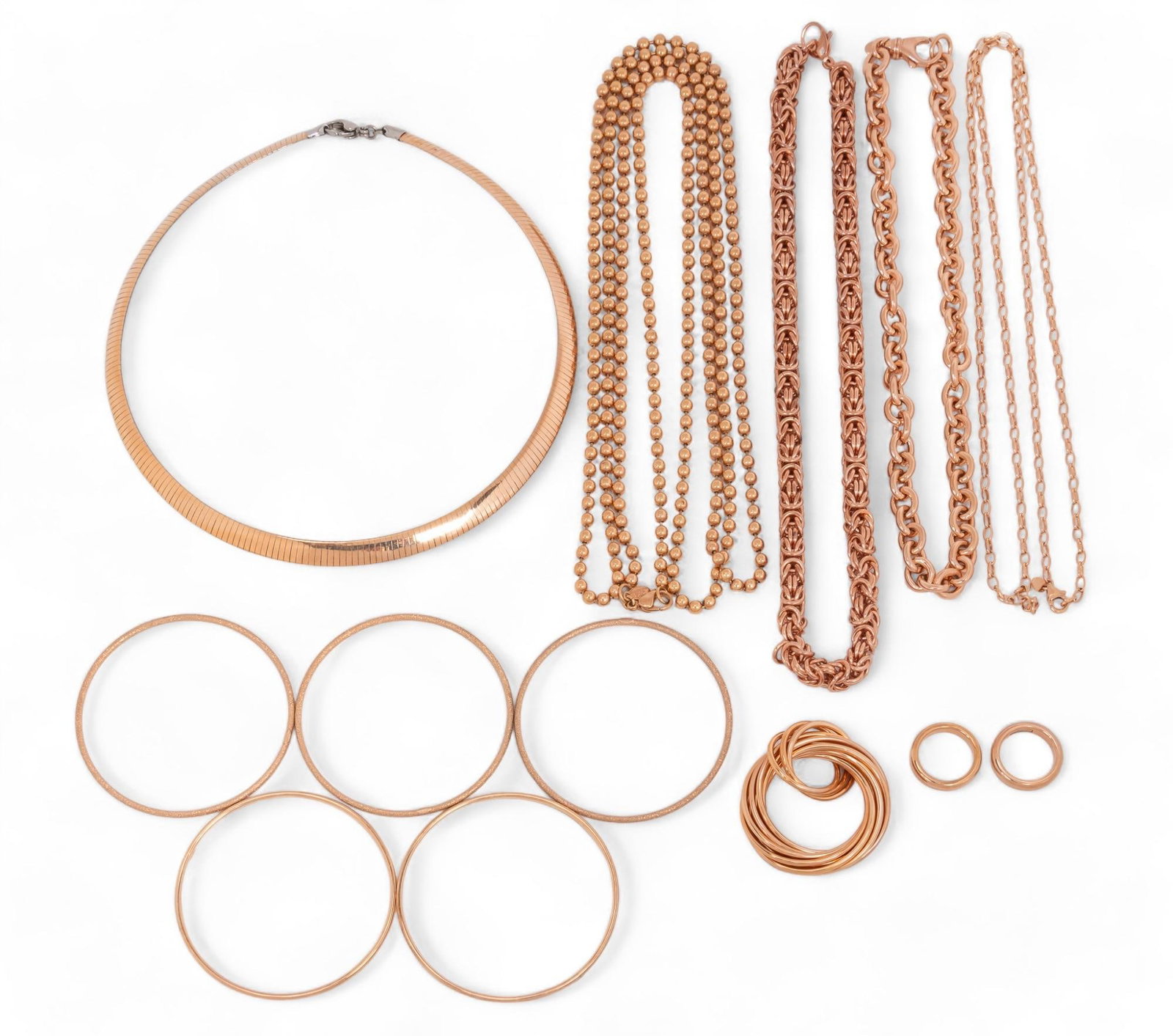 Collection of Rose Gold Colored Jewelry: Collection of rose gold colored jewelry, twelve pieces, includes Steel by Design reversible 8mm Omega necklace, Bronzo Italia 18" rolo link, Bronzo Italia rolling circle pendant with 36" chain