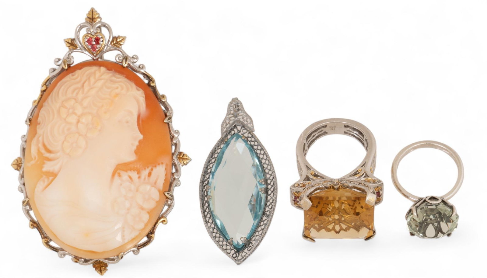 Collection of Gemstone Jewelry: Collection of gemstone jewelry includes Tiffany and Co, one Gems en Vogue II carved shell cameo and orange sapphire brooch, one Gems en Vogue II approx. 28.80 ctw square zambine, citrine, and sapphire