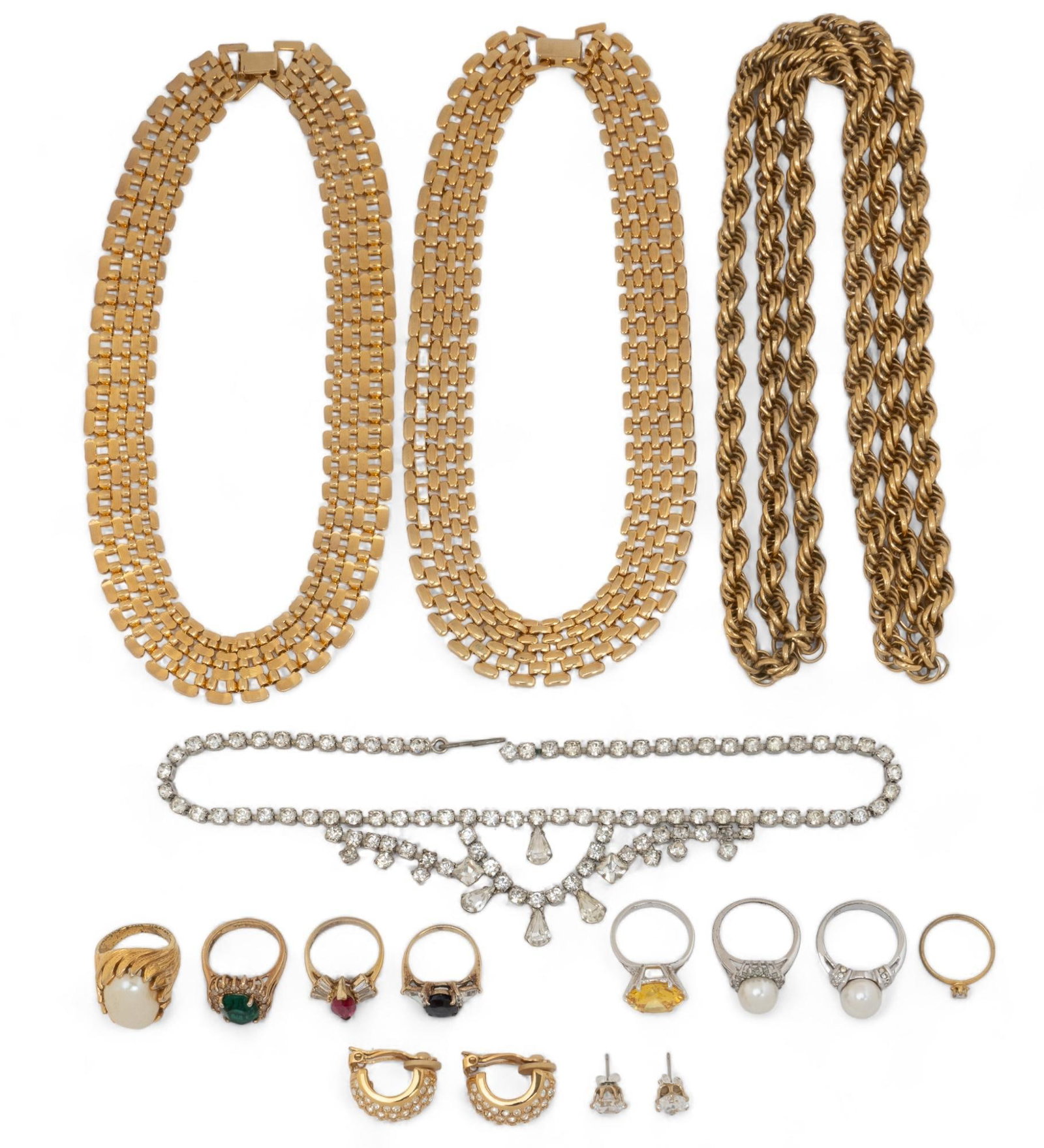 Collection of Costume Jelwery: Collection of costume jewelry, 11 total pieces, five rings, one set of earrings, four necklaces, ring sizes 6 and 8, unmarked Longest chain length: 30 in Shipping available for this lot through our pa