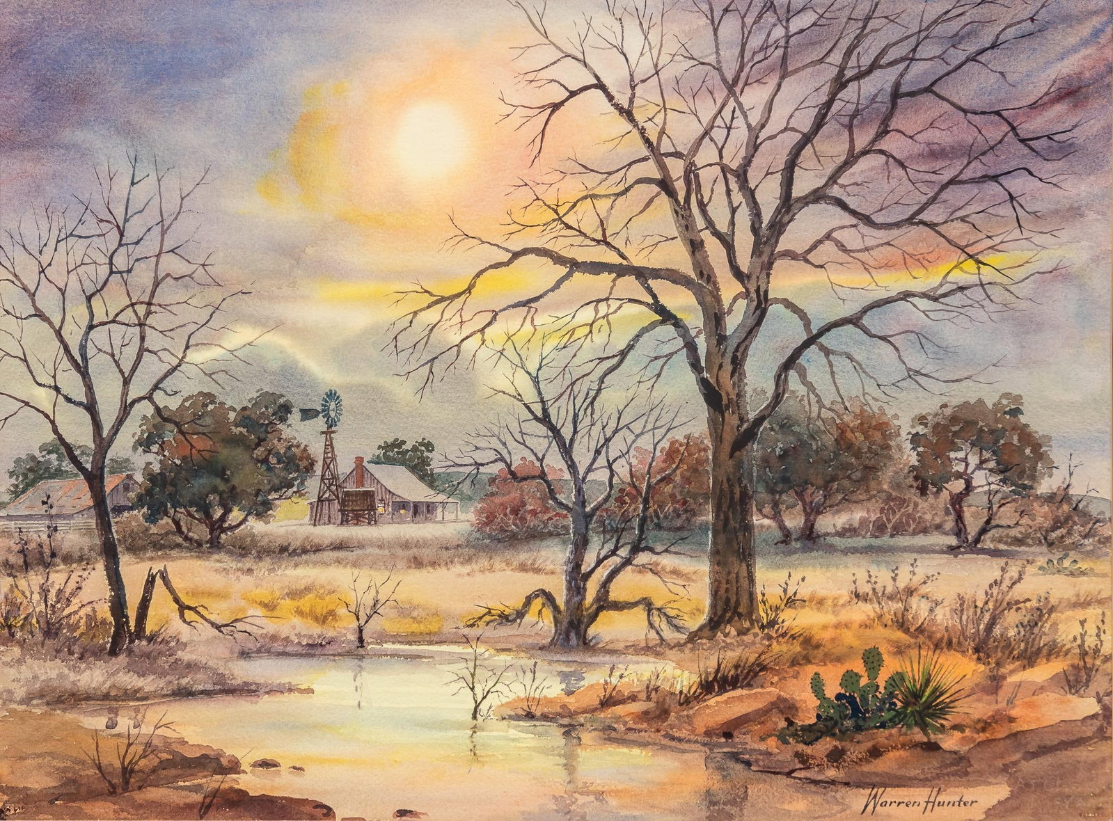 Warren Hunter, Texas Homestead with Pond: Warren Hunter (San Antonio, Texas, 1904-1993), Texas homestead with windmill and pond, watercolor on artist paper sight: 21 x 29 in., frame: 29 x 36 in. Provenance: A San Antonio, Texas collection Shi
