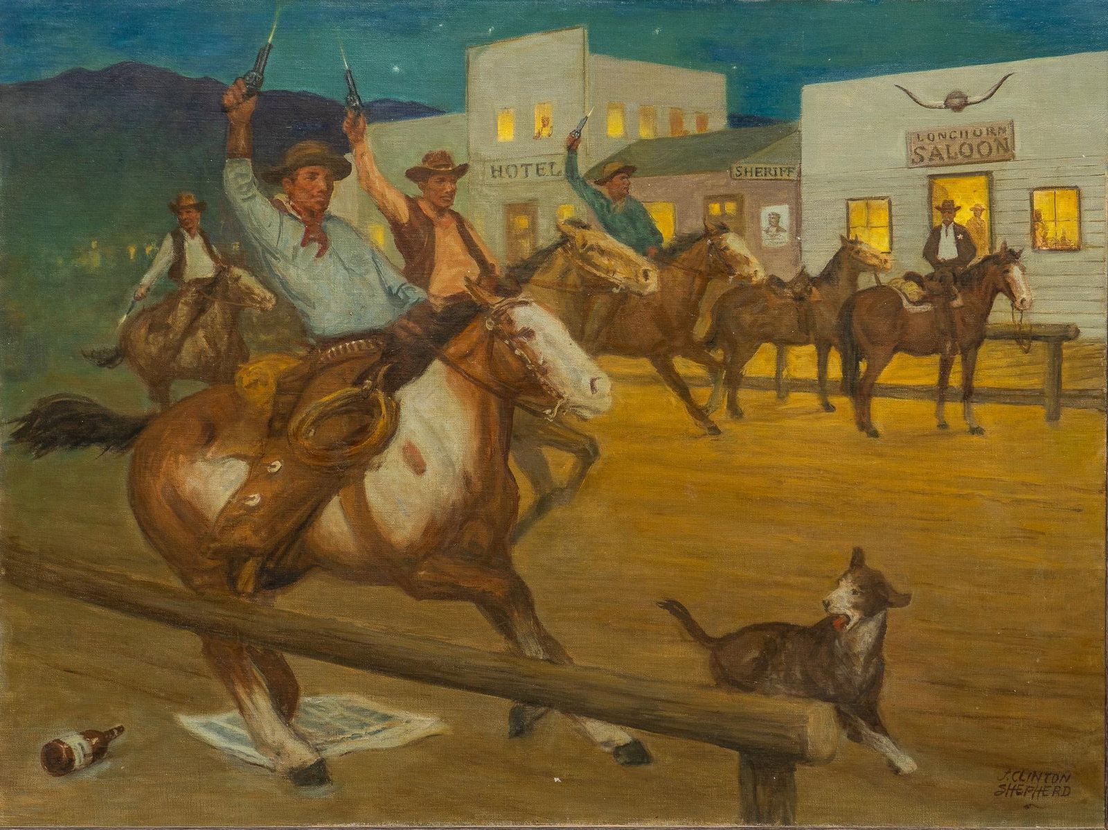 J. Clinton Shepherd, "Saturday Night Hell-Raisin'": J. Clinton Shepherd (Amer., 1888-1975), "Saturday Night Hell-Raisin'", oil on canvas sight: 30 x 40 in., frame: 39.5 x 49.5 in. Provenance: Property from the estate of a Farmers Branch, Te