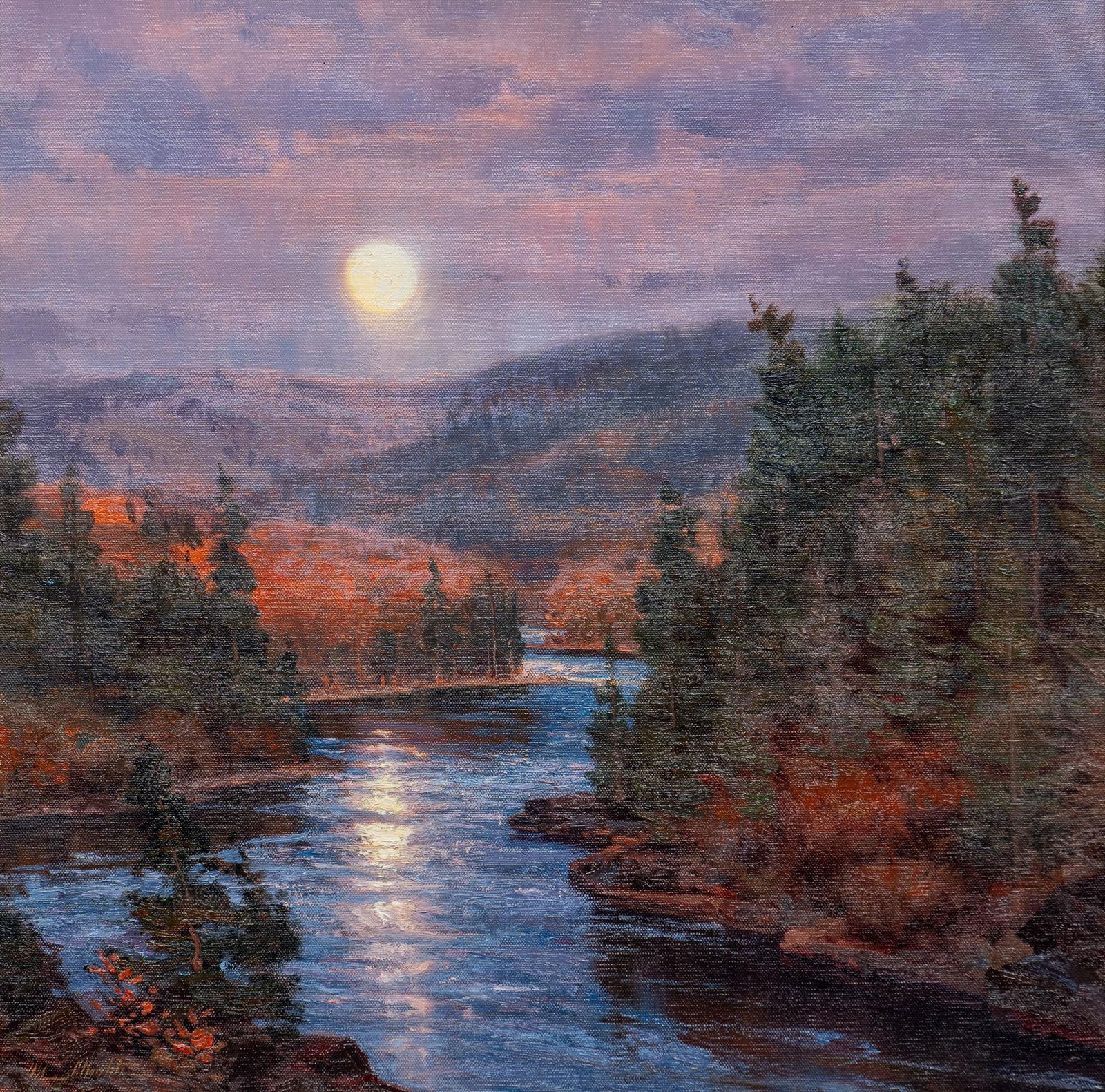 Michael Albrechtsen, "Glow": Michael Albrechtsen (Amer., b. 1962), "Glow", oil on canvas sight: 20 x 20 in., frame: 26 x 26 in. Provenance: An Austin, Texas collection Michael Albrechtsen's vivid, atmospheric lands