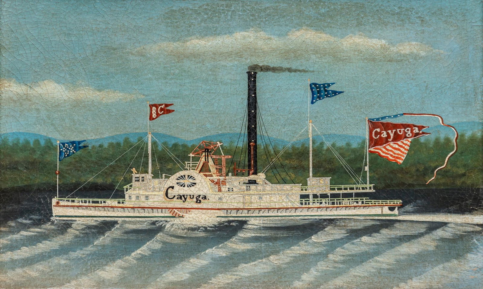 Attrib. to James Bard, Steamboat Cayuga, ca. 1836: Attributed to James Bard (New York, 1815-1897), Steamboat Cayuga, ca. 1836, oil on canvas, the Lone Star pennant indicating this is when it served as the "floating capital" of Texas for a few weeks in