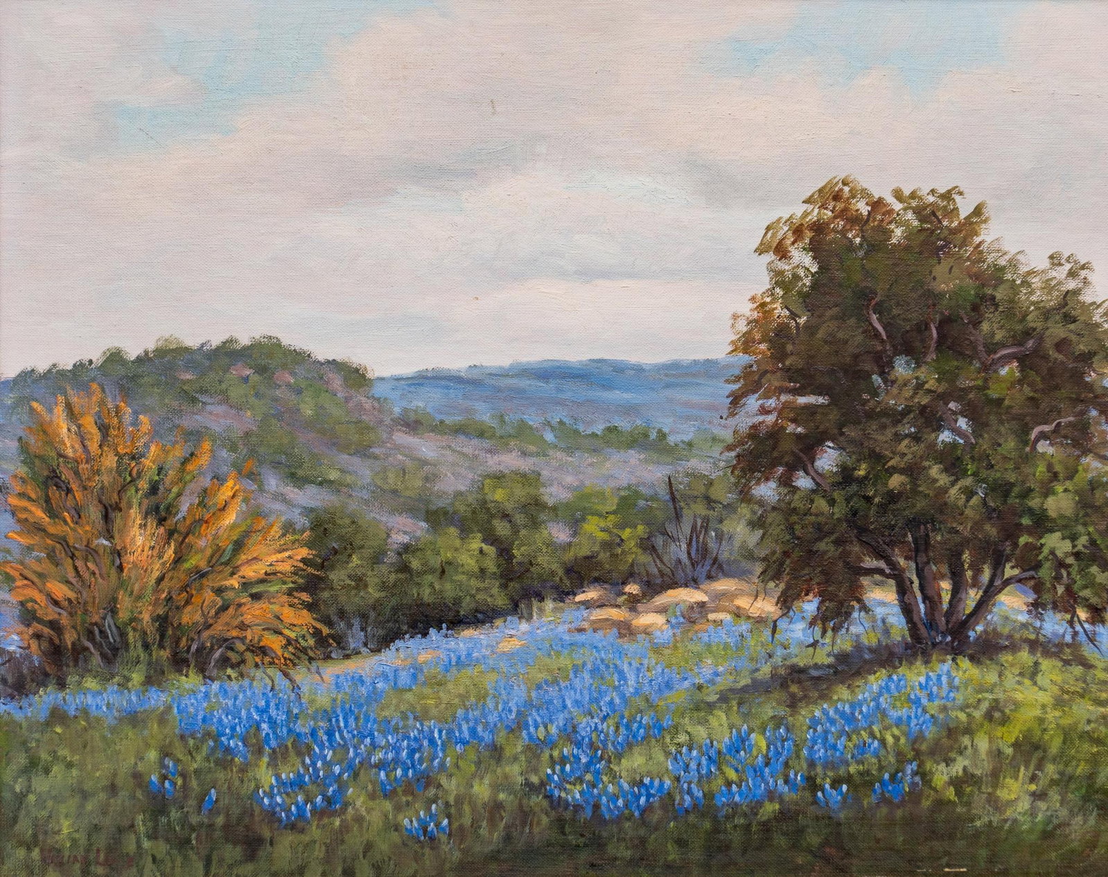 Vivian Love, Bluebonnet Landscape: Vivian Rogers Love (Texas, 1908-1982), bluebonnet landscape, oil on canvas sight: 16 x 20 in., frame: 25 x 28 in. Vivian Rogers Love began exhibiting in San Antonio, Texas in the 1940s. She was a memb