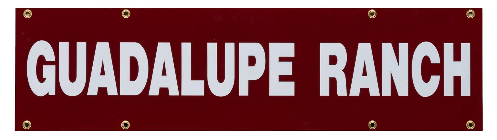 Guadalupe Ranch Sign: Double sided enameled metal sign for Guadalupe Ranch, featuring white lettering on maroon field height 10 in. x width 38 in. Provenance: Property from the personal collection of a New Braunfels, Texas