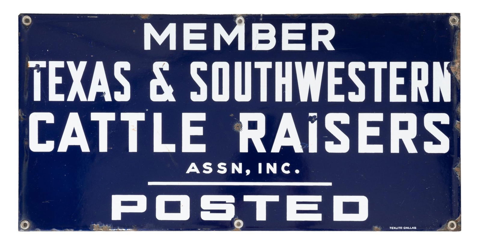 Texas and Southwestern Cattle Raisers Member Sign: Single-sided Texas and Southwestern Cattle Raisers Member sign, porcelain on metal, with white lettering on blue field height 10 in. x width 20 in. Shipping available for this lot through our partne