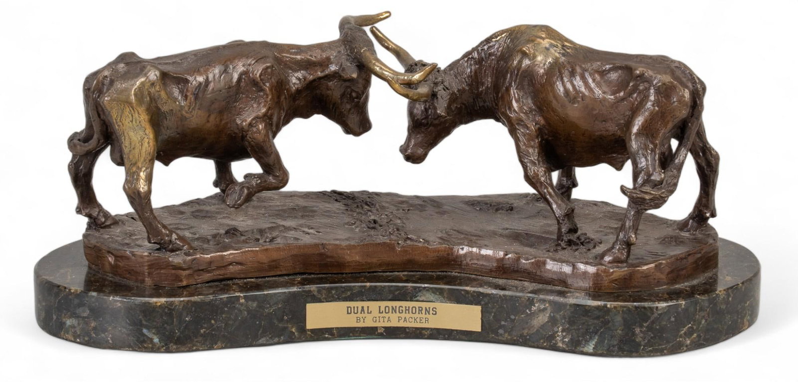 Gita Packer, "Dual Longhorns", 1975: Julia "Gita" Packer (Fort Worth, Texas, 1922-2005), Woman Artist of America, "Dual Longhorns", 1975, artist-cast bronze sculpture on wooden base, ed. 2/15 height 4.5 in. x width 10.5 i
