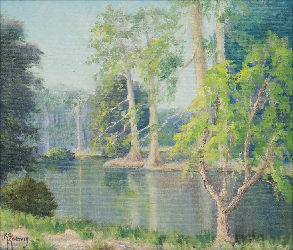 Ike Koenig, "Kerr County, Texas", 1938: Ike Koenig (1895-1994), "Kerr County, Texas", 1938, oil on canvas sight: 12 x 14 in., frame: 16 x 18 in. Ike Koenig (Icie Hardie) was a painter active in Kerrville, Texas in the 1950s and '