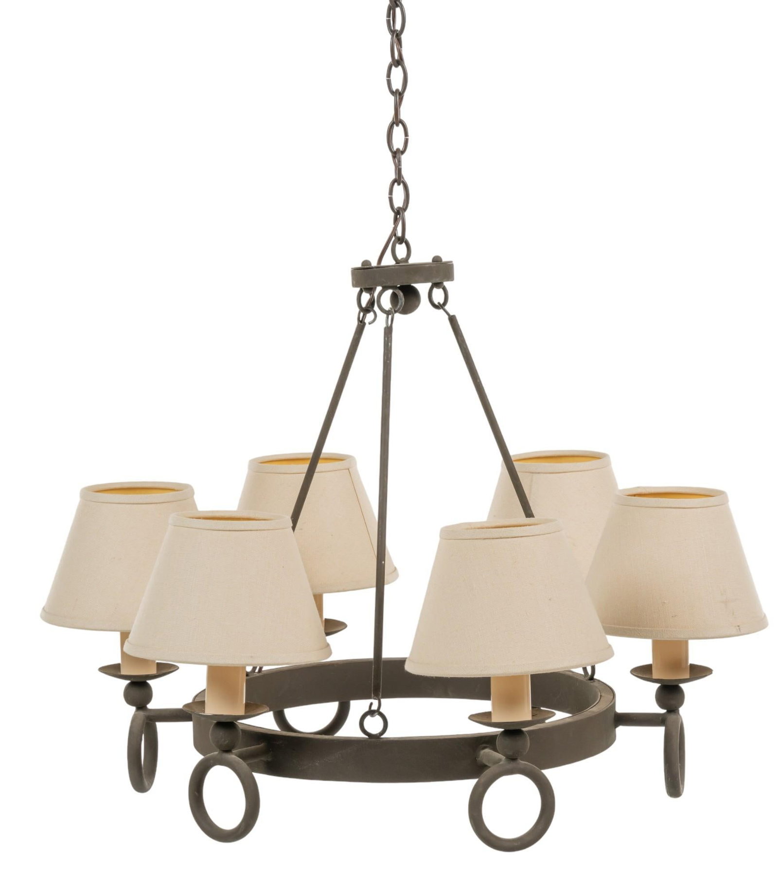 Metal Chandelier: Metal chandelier with six cloth lampshades, with chain height 60 in. x width 35 in. x depth 35 in. Provenance: Property from the monumental lifetime collection of a distinguished Dallas, Texas busines