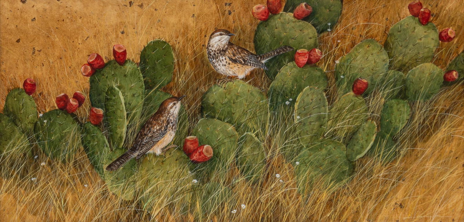 Geraldine Nunns, "Cactus Wrens and Cactus Pears": Geraldine Nunns (Arkansas, 20th century), "Cactus Wrens and Cactus Pears", acrylic on mulberry paper sight: 12 x 23.5 in., frame: 21 x 32 in. Shipping available for this lot through our partner 4CL;