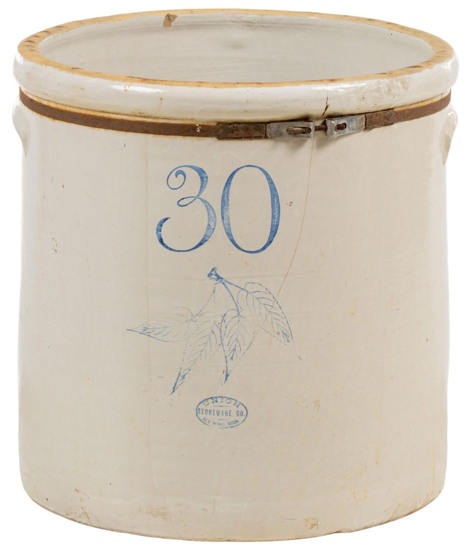 Union Stoneware Co. 30 Gal. Crock: Marked Union Stoneware Co. 30 gallon ceramic crock, with rustic metal hardware height 22.5 in. x width 22 in. x depth 22 in. Provenance: Property from the monumental lifetime collection of a distin